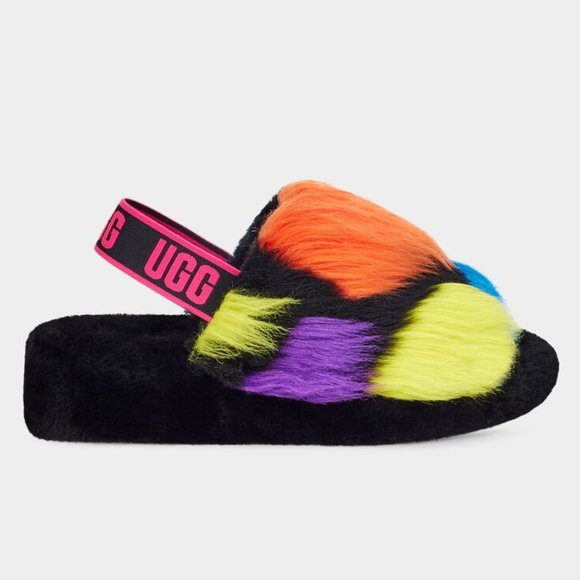 NWOB UGG Fluff Yeah Party Spots Slide Sandals Size 6 Multicolor Sheepskin - Picture 1 of 8